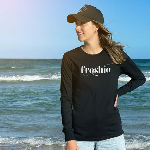 Freshwater Beach Graphic, Long Sleeve T Shirt, 100% Cotton, Black, Front, modelled by Em, Full Length