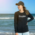 Freshwater Beach Graphic, Long Sleeve T Shirt, 100% Cotton, Black, Front, modelled by Em, Full Length