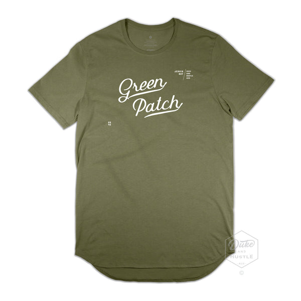 Green Patch Jervis Bay Design, Men’s Long Curve Tee, Khaki, Front