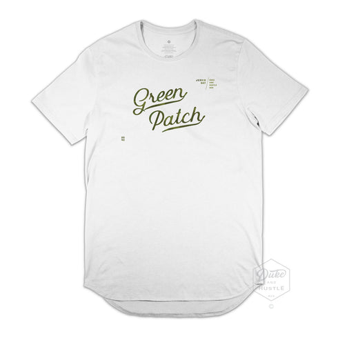 Green Patch Jervis Bay Design, Men’s Long Curve Tee, White, Front