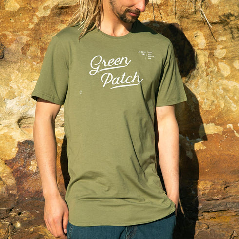 Green Patch Jervis Bay Design, Men’s Long Curve Tee, Khaki, Front, modelled