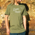 Green Patch Jervis Bay Design, Men’s Long Curve Tee, Khaki, Front, modelled