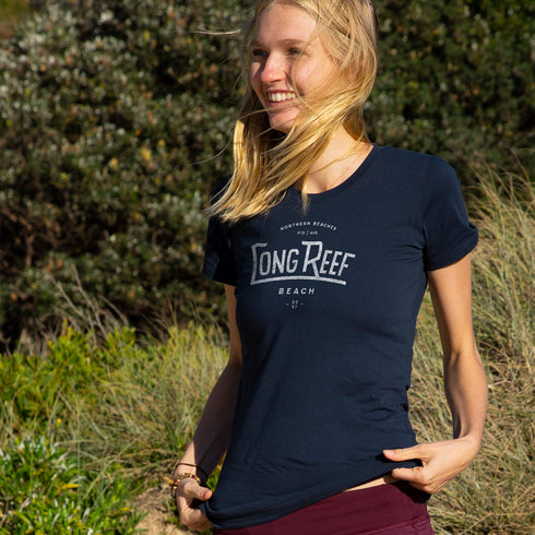 Long Reef Beach, Sydney, Womens T Shirt, Navy, Front, modelled by Nele