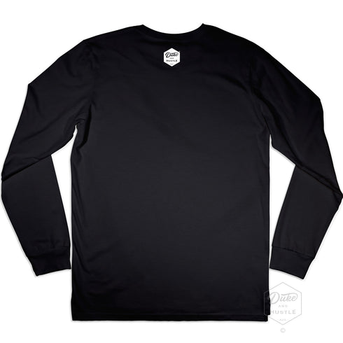 Black Long Sleeve Graphic Tee, "Curly" - Curl Curl Beach design, back