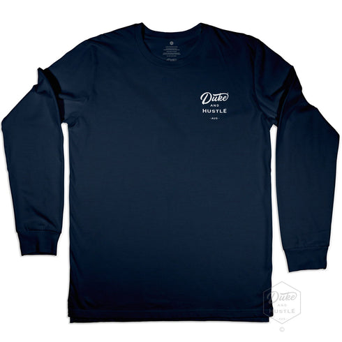 Unisex Long Sleeve T Shirt, Retro Type, Navy, Front showing Duke & Hustle Pocket Logo