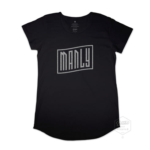 Manly Beach Women’s Long Curve T Shirt, 100% Australian Cotton, Black, Front