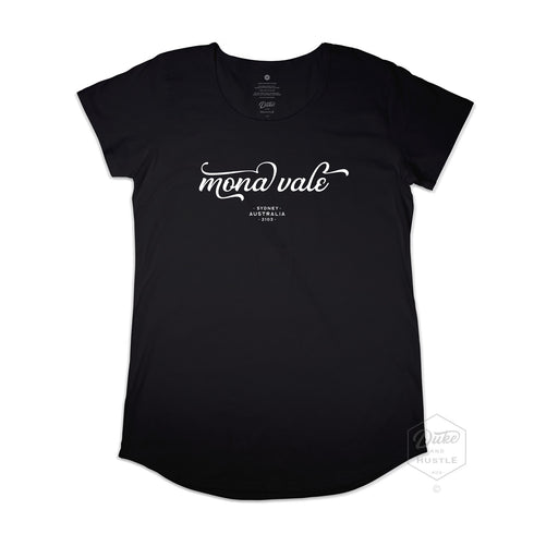 Mona Vale Type Graphic T Shirt, Women’s Long Curve T Shirt, Black, Front