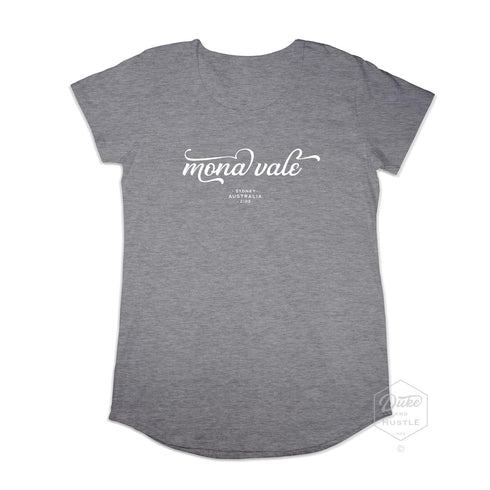 Mona Vale Type Graphic T Shirt, Women’s Long Curve T Shirt, Grey Marle, Front