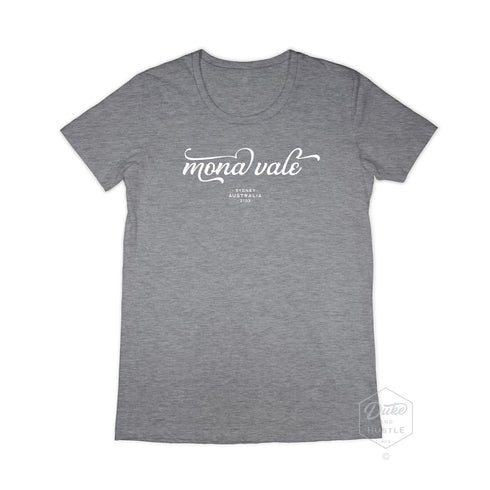 Mona Vale Women’s Graphic T Shirt on Australian Cotton, Grey Marle, Front