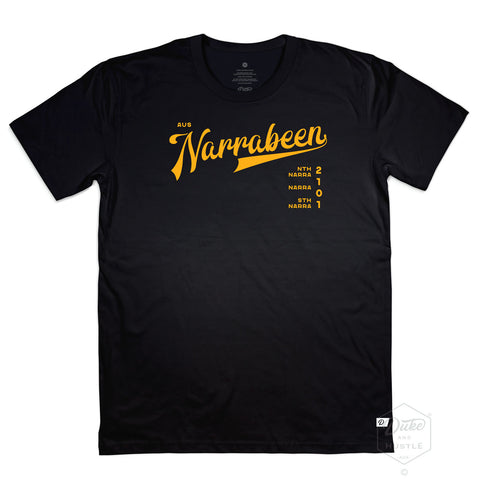 Narrabeen Beach Graphic Tee, deep yellow coloured print on Black Classic Fit Cotton T Shirt, front