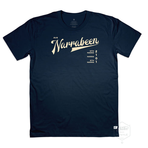 Narrabeen Beach Graphic Tee, egg shell coloured print on Navy Classic Fit Cotton T Shirt, front