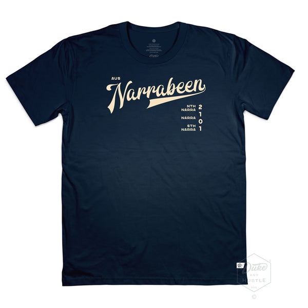 Narrabeen Beach Graphic Tee, egg shell coloured print on Navy Classic Fit Cotton T Shirt, front