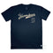 Narrabeen Beach Graphic Tee, egg shell coloured print on Navy Classic Fit Cotton T Shirt, front