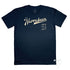 Narrabeen Beach Graphic Tee, egg shell coloured print on Navy Classic Fit Cotton T Shirt, front