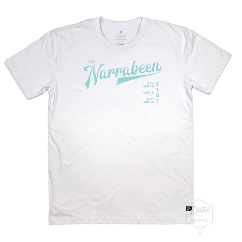 Narrabeen Beach Graphic Tee, aquamarine coloured print on White Classic Fit Cotton T Shirt, front