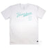 Narrabeen Beach Graphic Tee, aquamarine coloured print on White Classic Fit Cotton T Shirt, front