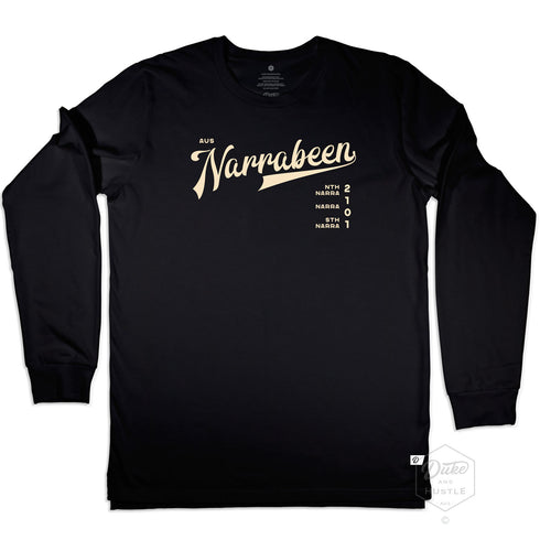 Narrabeen Beach Graphic Tee, egg shell coloured print on Black Long Sleeve Cotton T Shirt, front