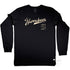 Narrabeen Beach Graphic Tee, egg shell coloured print on Black Long Sleeve Cotton T Shirt, front