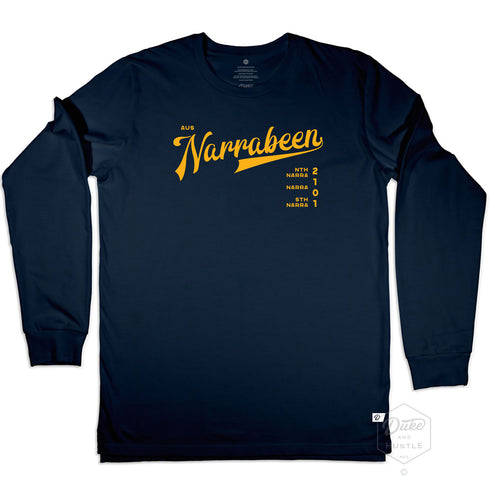 Narrabeen Beach Graphic Tee, dark yellow coloured print on Navy Long Sleeve Cotton T Shirt, front