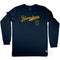 Narrabeen Beach Graphic Tee, dark yellow coloured print on Navy Long Sleeve Cotton T Shirt, front