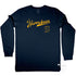 Narrabeen Beach Graphic Tee, dark yellow coloured print on Navy Long Sleeve Cotton T Shirt, front