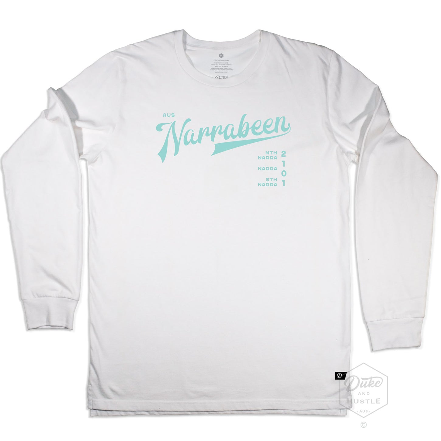 Narrabeen Beach Graphic Tee, aquamarine coloured print on White Long Sleeve Cotton T Shirt, front