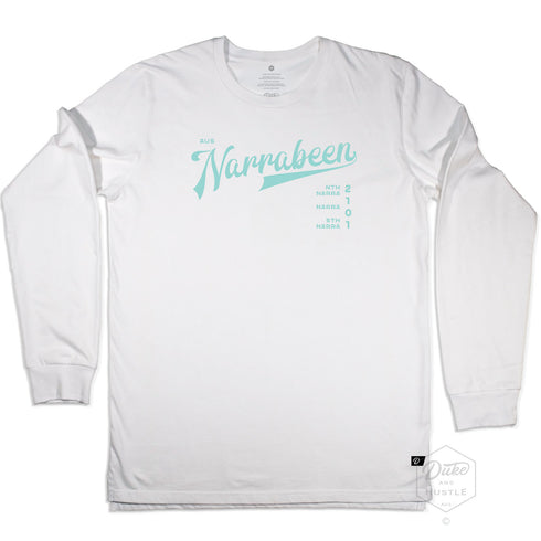 Narrabeen Beach Graphic Tee, aquamarine coloured print on White Long Sleeve Cotton T Shirt, front