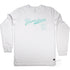 Narrabeen Beach Graphic Tee, aquamarine coloured print on White Long Sleeve Cotton T Shirt, front