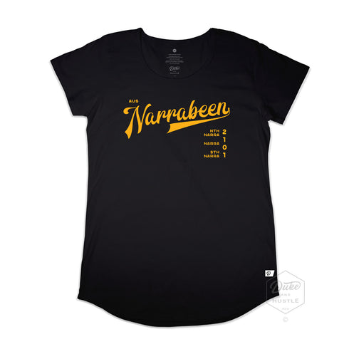 Narrabeen Beach Graphic Tee, deep yellow coloured print on Black Long Curve Women’s Cotton T Shirt, front