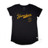 Narrabeen Beach Graphic Tee, deep yellow coloured print on Black Long Curve Women’s Cotton T Shirt, front