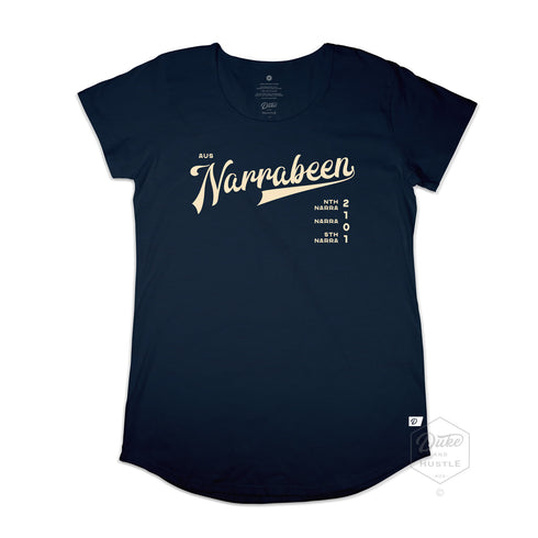 Narrabeen Beach Graphic Tee, egg shell coloured print on Navy Long Curve Women’s Cotton T Shirt, front