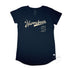 Narrabeen Beach Graphic Tee, egg shell coloured print on Navy Long Curve Women’s Cotton T Shirt, front