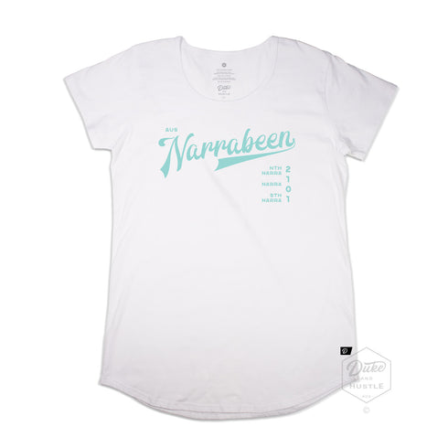 Narrabeen Beach Graphic Tee, aquamarine coloured print on White Long Curve Women’s Cotton T Shirt, front