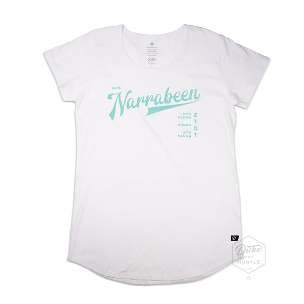 Narrabeen Beach Graphic Tee, aquamarine coloured print on White Long Curve Women’s Cotton T Shirt, front