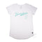 Narrabeen Beach Graphic Tee, aquamarine coloured print on White Long Curve Women’s Cotton T Shirt, front