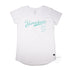 Narrabeen Beach Graphic Tee, aquamarine coloured print on White Long Curve Women’s Cotton T Shirt, front