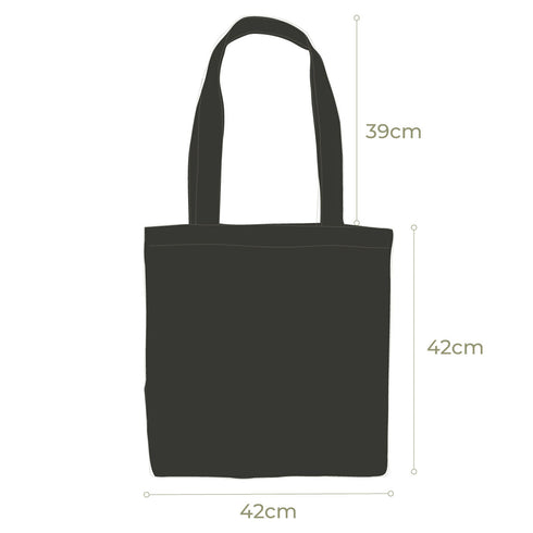 Premium Cotton Tote Bag dimensions, 42cm square, with double handles, 9cm gusset
