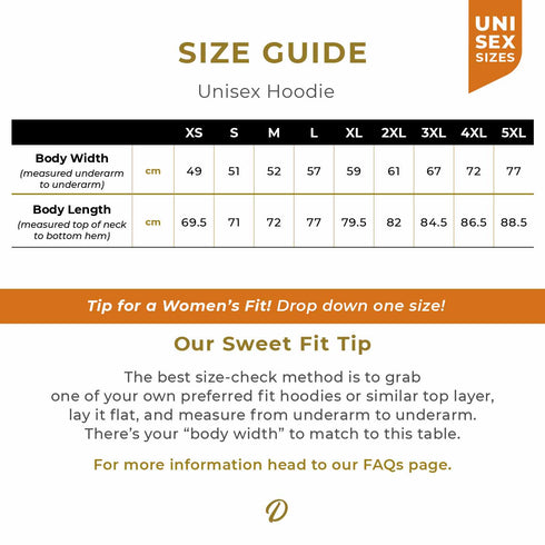 Size Guide for the Unisex Hoodie with Cuffs