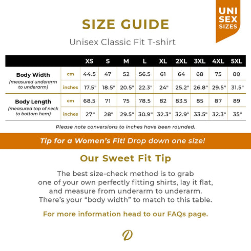 Size Guide for the Unisex Men's Classic Tshirt