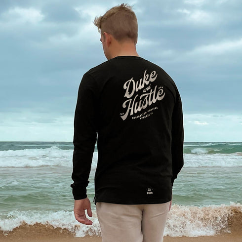 Retro Graphic Typography, Long Sleeve T Shirt, Yellow Print, Back, Black cotton, modelled by Tim