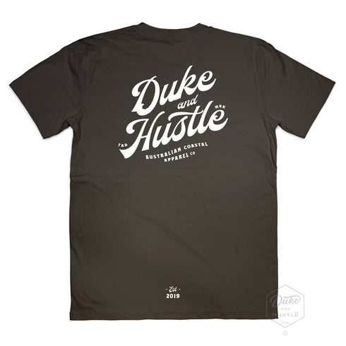 Classic Fit Unisex T Shirt, Retro Type, White Print on Coal Colour Cotton, Back