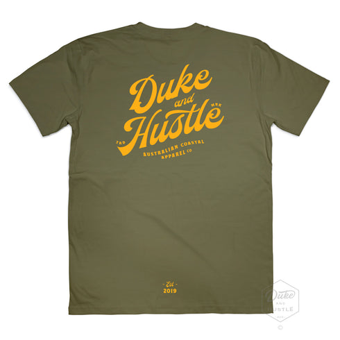 Classic Fit Unisex T Shirt, Retro Type, Yellow Print on Khaki Cotton, Back