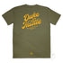 Classic Fit Unisex T Shirt, Retro Type, Yellow Print on Khaki Cotton, Back