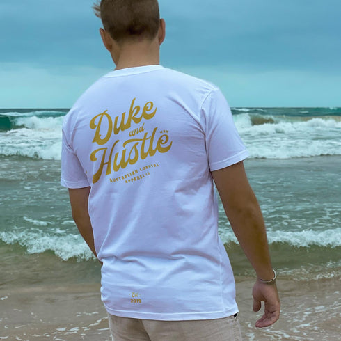 Classic Fit Unisex T Shirt, Retro Type, Yellow Print on White Cotton, Back, modelled by Tim