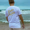 Classic Fit Unisex T Shirt, Retro Type, Yellow Print on White Cotton, Back, modelled by Tim
