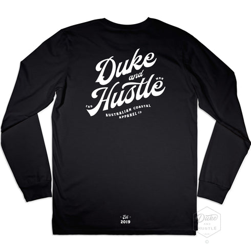 Retro Graphic Typography, Long Sleeve T Shirt, White Print, Back, Black Cotton