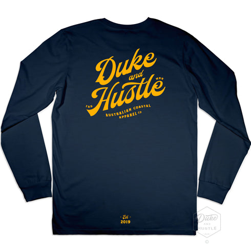 Retro Graphic Typography, Long Sleeve Navy T Shirt, Yellow Print, Back