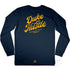 Retro Graphic Typography, Long Sleeve Navy T Shirt, Yellow Print, Back