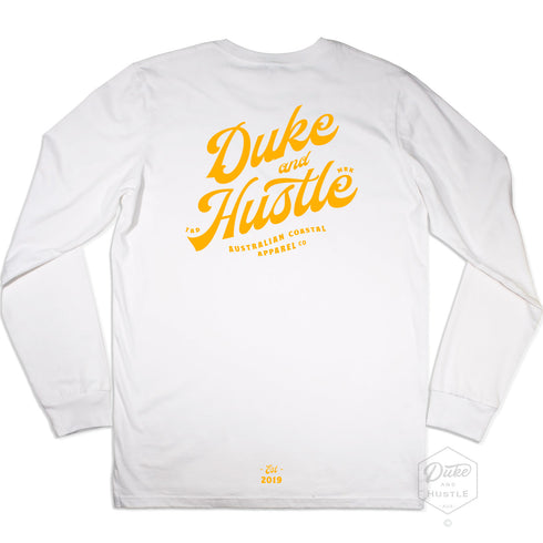 Retro Graphic Typography, Long Sleeve T Shirt, Yellow Print, Back, White Cotton