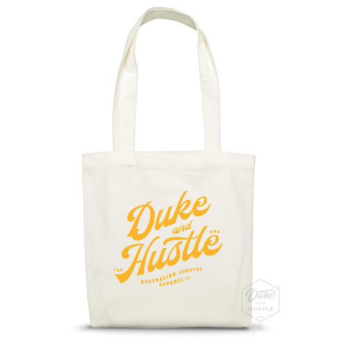 Premium cotton tote bag, Natural Colour, with typographic design reading "Duke and Hustle"